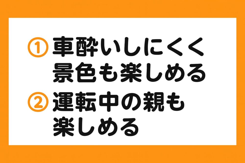 おすすめする2つの理由が「車酔いしにくく景色も楽しめる」「運転中の親も楽しめる」とすぐ分かる画像