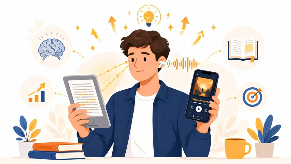 オーディブルの音声とKindleの文字を同時に使う併用読書の方法を表したイラスト