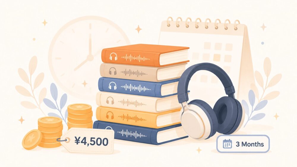 3ヶ月無料体験で読める冊数とお得感 — オーディオブックの山と4,500円分の節約のイメージ