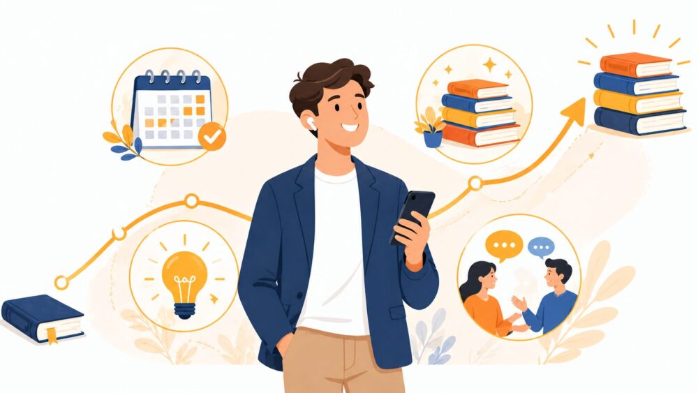 オーディブルを3年間使い続けて感じた変化（読書量の増加・知識の蓄積）を表したイラスト