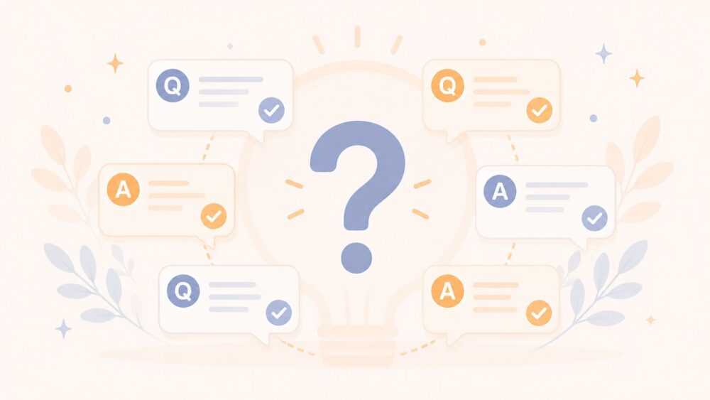 オーディブル3ヶ月無料体験のよくある質問（FAQ） — 6つのQ&Aで疑問を解決するイメージ
