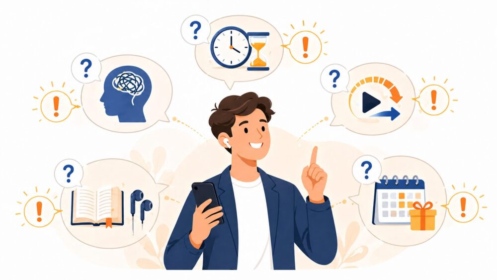 オーディブルに関するよくある質問（頭に入らない・時間・倍速・紙の本との比較・無料体験）と回答を表したイラスト