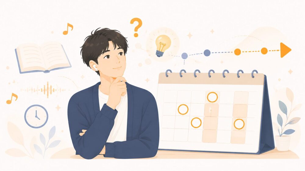 オーディブルの次回キャンペーンの時期をカレンダーで予想する人のイラスト