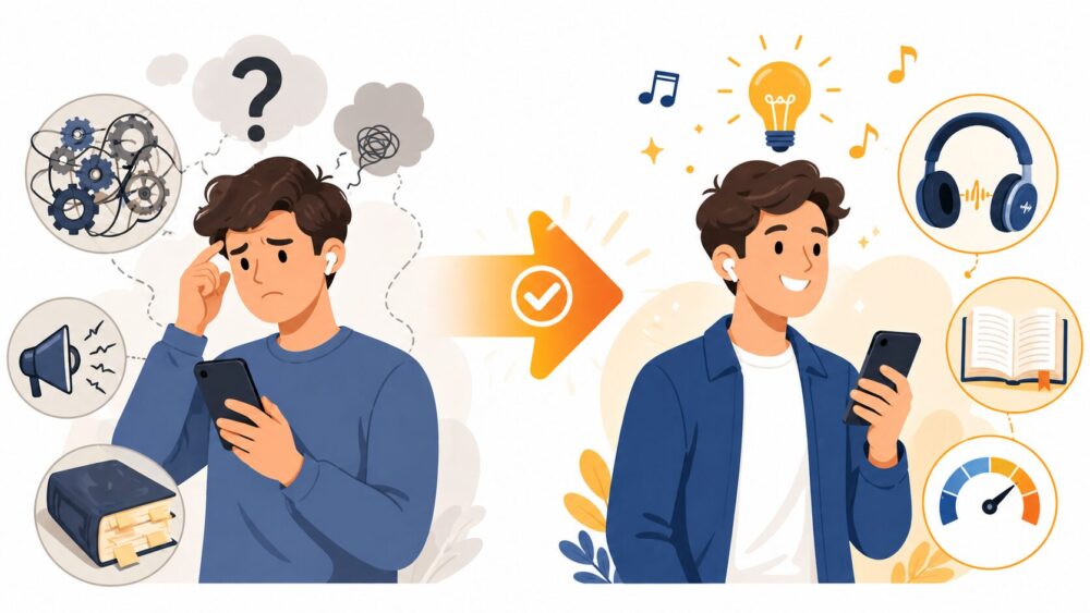 オーディブルが「頭に入らない」原因と、対策で改善できることを表したイラスト