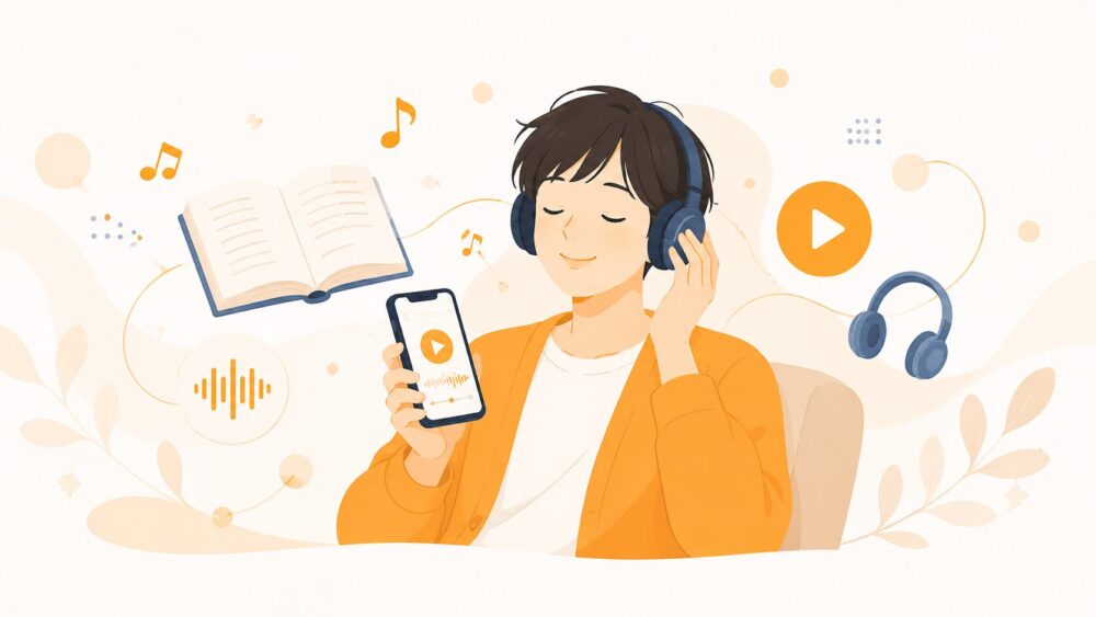 Amazonプライム会員特典のオーディブル無料体験キャンペーンを始める人のイラスト