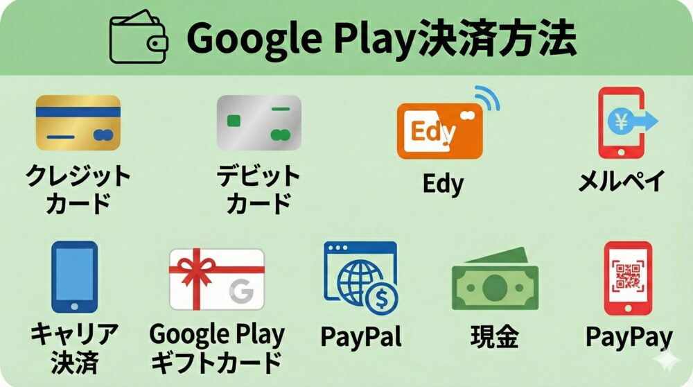 Google Play決済方法である、クレジットカード、デビットカード、Edy、メルペイ、キャリア決済、Google、Playギフトカード、PayPal、現金、PayPayを書いている画像