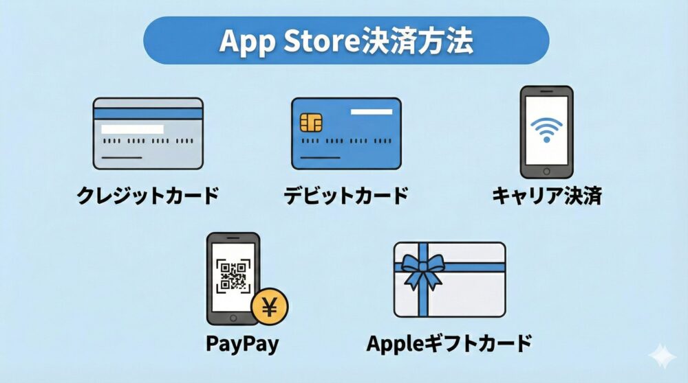 App Store決済方法である、クレジットカード、デビットカード、キャリア決済、PayPay、Appleギフトカードを書いている画像