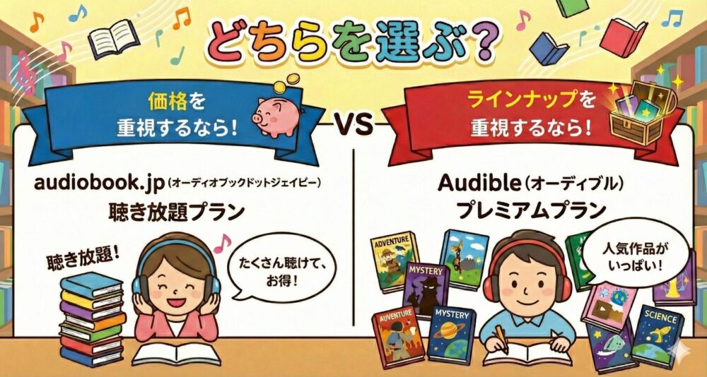 『価格重視ならaudiobook.jp（聴き放題プラン）』、『ラインナップを重視したいならAudibleプレミアムプラン』がおすすめなことを表している画像