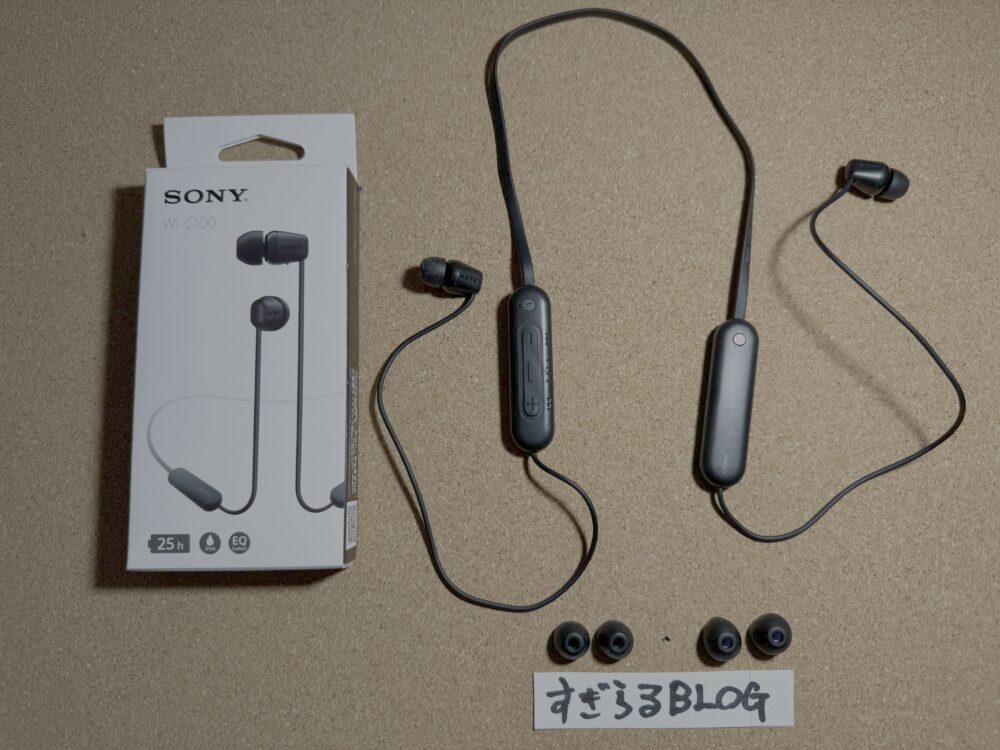 私が購入した”SONY WI-C100”の実物で、付属品も並べている画像