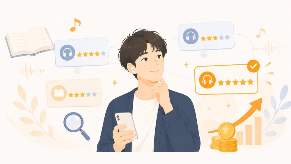 オーディブルのキャンペーンのお得度を星マークで比較して選ぶ人のイラスト
