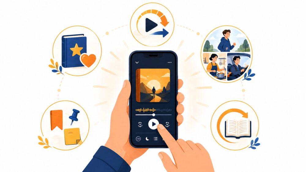 オーディブルの効果を引き出す5つの使い方（倍速・ながら聴き・復習・クリップ・なじみジャンル）を表したイラスト