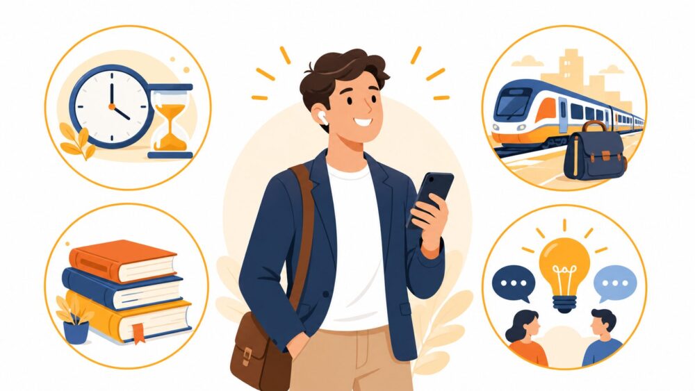 オーディブルで得られる4つの効果（スキマ時間・通勤・読書習慣・知識の幅）をまとめたイラスト