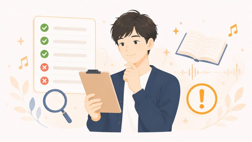 オーディブルのキャンペーン対象外になる条件を確認する人のイラスト