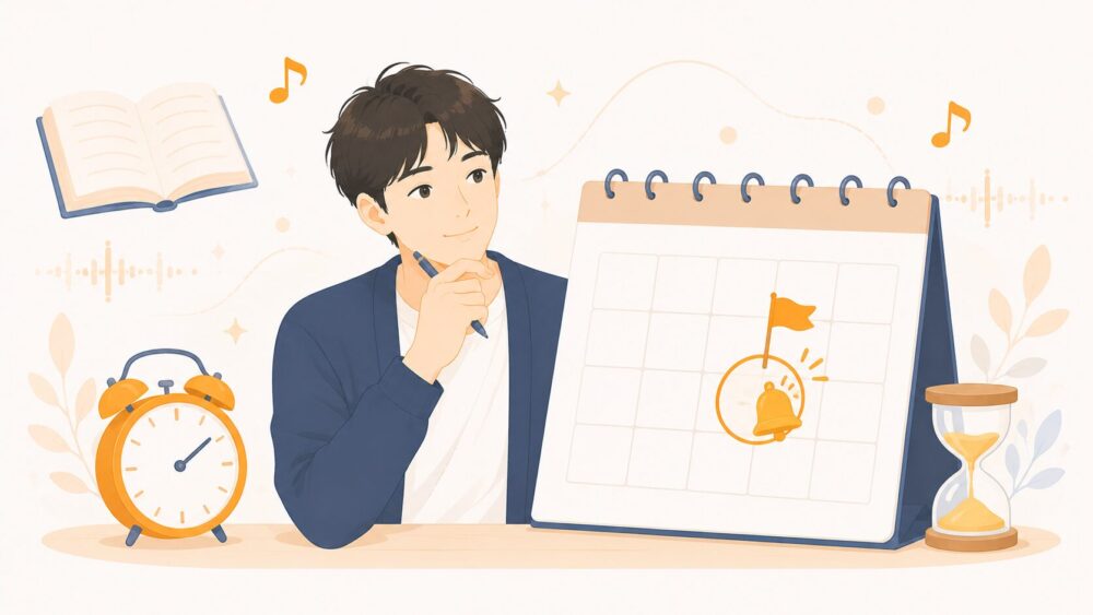 オーディブルの解約タイミングをカレンダーで確認する人のイラスト