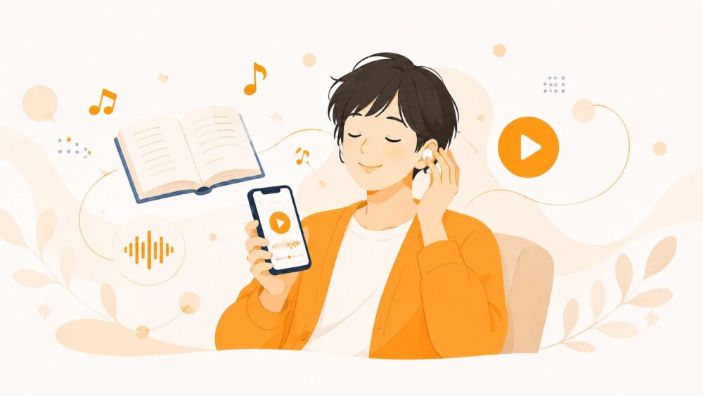 オーディブルをワイヤレスイヤホンで楽しむ人のイラスト