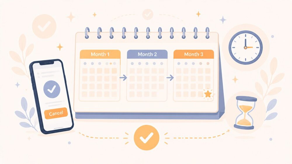 オーディブル3ヶ月無料の解約タイミングと手順 — 3ヶ月目末がベストタイミングのイメージ