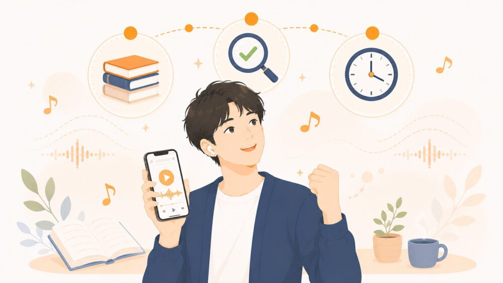 オーディブルを最大限活用する3つのコツを実践する人のイラスト